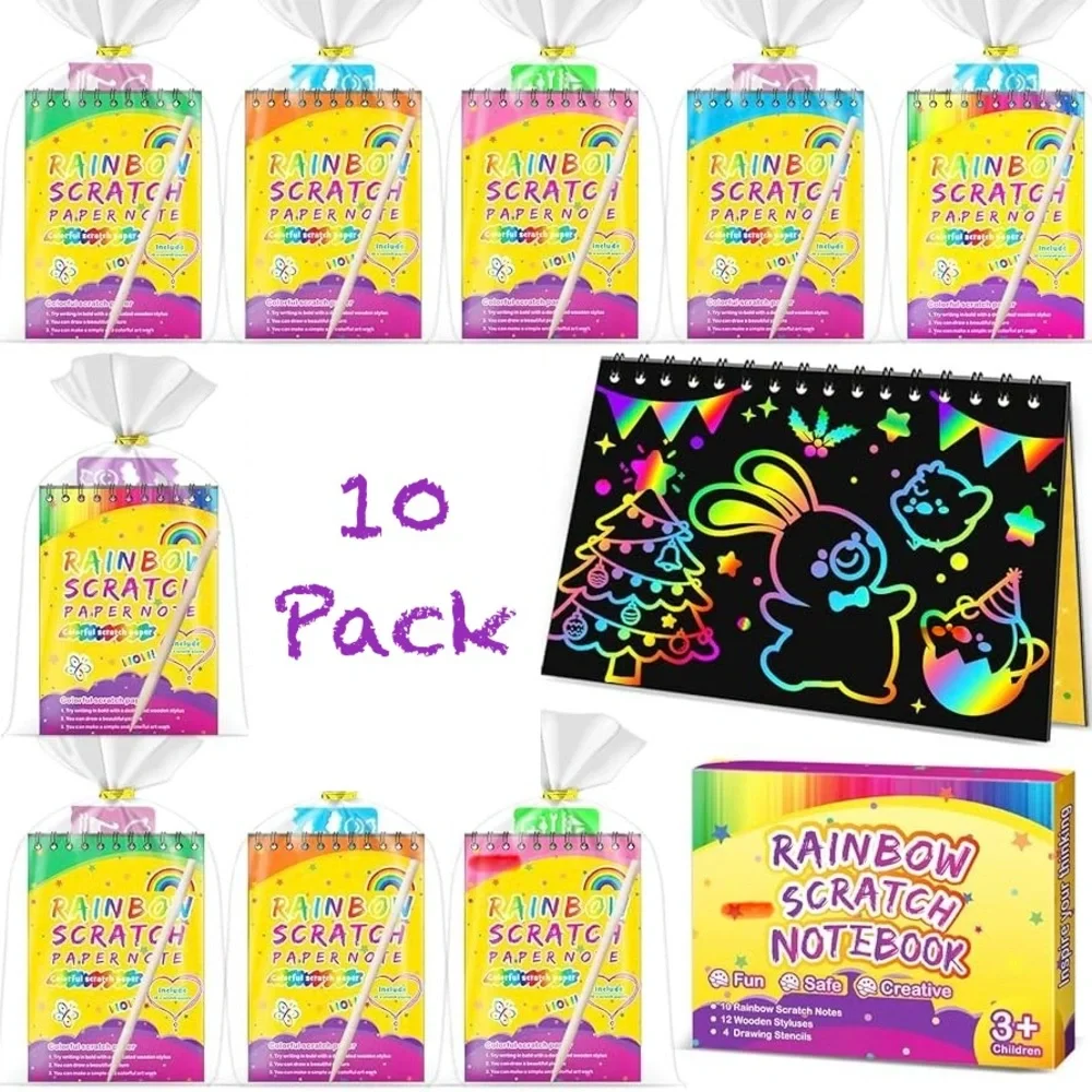 Party Favors for Kids 4-8-12: 10 Pack Scratch Rainbow Art Crafts Notebook